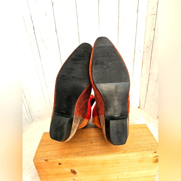 Vintage RARE Passports Suede Patchwork Knee High Low Heel Boots Red Tan Brown - Picture 13 of 15